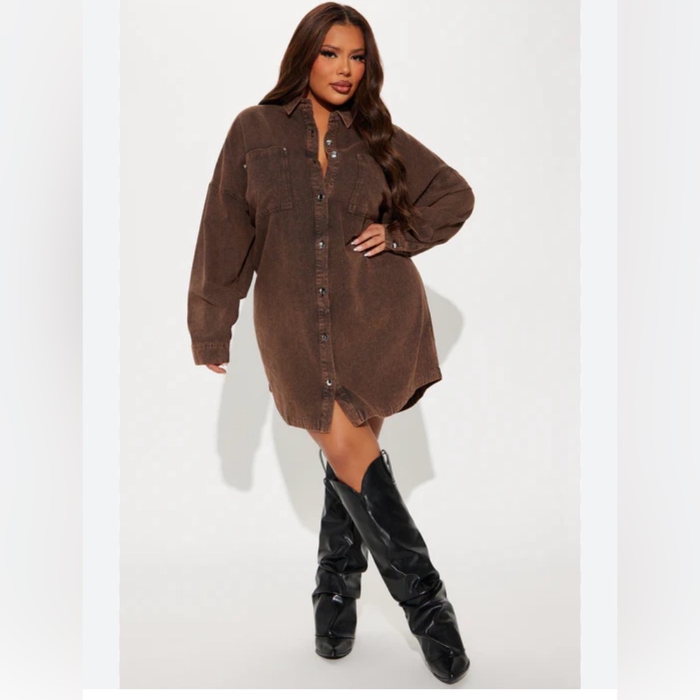 Fashion Nova Oversized Shirt Dress Chocolate Brown Mini Button Front S